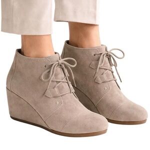 Toms Taupe Suede Lace-Up Wedge Ankle Booties